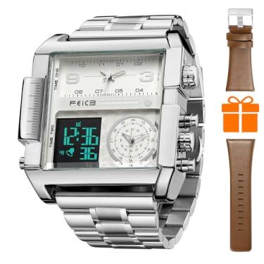 Imagem de FEICE Wathes Relógio de pulso masculino analógico digital LED quartzo relógio de negócios masculino multifunções cronógrafo quadrado 24H pulseira de couro com mostrador grande exclusivo FK030 (prata +