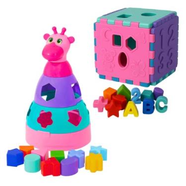 Imagem de Kit Brinquedos Educativos Bebê 1 Ano Blocos Didáticos Encaixe Formas Cores Coordenação Motora Pedagógico Colorido Atividades (Rosa)