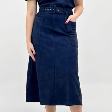 Imagem de Saia Pacific Blue Midi em Suede com Cinto Feminina-Feminino