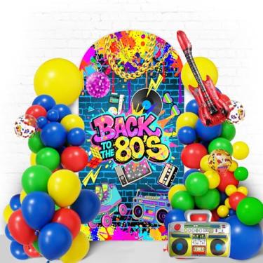 Imagem de Pano de fundo retrô dos anos 80 de 1,8 m - Capa de arco redonda de elastano elástico dupla face com grafite para festas, casamentos, aniversários e eventos dos anos 80