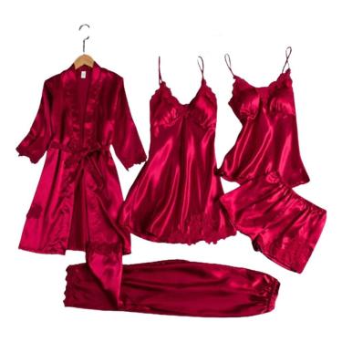 Imagem de Conjunto de pijama feminino de cetim, 5 peças com painéis de renda, noite de núpcias