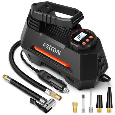 Imagem de Compressor de Ar Portátil 100 PSI Recarregável com Tela LED e Manômetro Digital, 12V 120W, AstroAI AC220O, Preto e Laranja