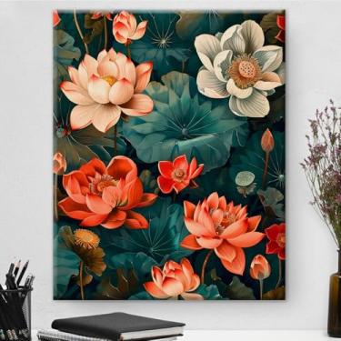Imagem de Arte de parede em tela de flores de lótus vibrante floral impressão de lótus imagem de pintura estética natural para casa fazenda sala de estar decoração de parede 20 x 25 cm