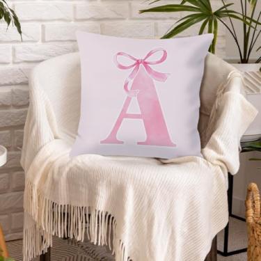 Imagem de Capa de almofada Coquette moderna com laço rosa preppy inicial personalizada para meninas adolescentes presentes monograma fronha pautada para faculdade capa de almofada de poliéster para sofá, sala