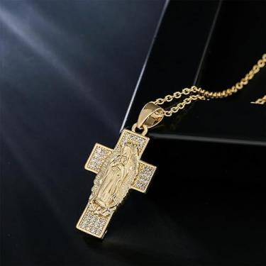 Imagem de Colar com pingente de cruz de Madonna dourada cheio de diamantes, brilhante, moderno, elegante, presente de aniversário