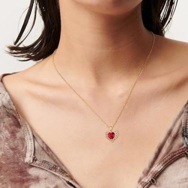 Imagem de Colar feminino banhado a ouro 14 K, pingente de coração de zircão cúbico vermelho, joias feitas à mão, presentes, Medium, Latão, Sem Pedra Preciosa