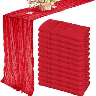 Imagem de Caminho de mesa de gaze boho tecido de gaze caminho de mesa rústico transparente para decoração de casamento, festa de aniversário, feriado