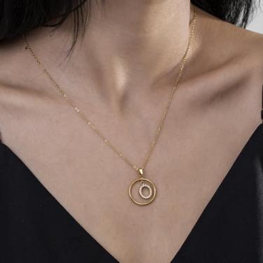 Imagem de Colar de strass com inicial A-Z - Joias delicadas com pingente circular com corrente ajustável, colar de alfabeto personalizado para mulheres,, F, Aço inoxidável, Sem Pedra Preciosa