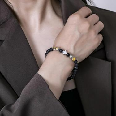 Imagem de Pulseira de contas feita à mão para homens e mulheres, cordão elástico com pedra natural e contas de destaque, joia de pulso ajustável, 7.68Inches, Rocha vulcânica, Sem Pedra Preciosa