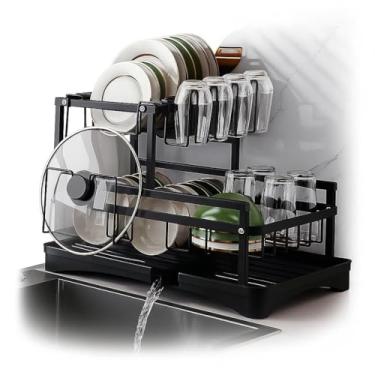 Imagem de Escorredor de Louça em Aço Carbono Preto com Bandeja de Drenagem, Suporte para Copos, Talheres e Tábuas – Compacto, Resistente, Antiferrugem – Organizador de Pia Cozinha Moderna