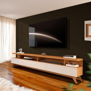 Imagem de Rack Para 75 Pol Com 3 Gavetas E Nichos Pés Em Madeira