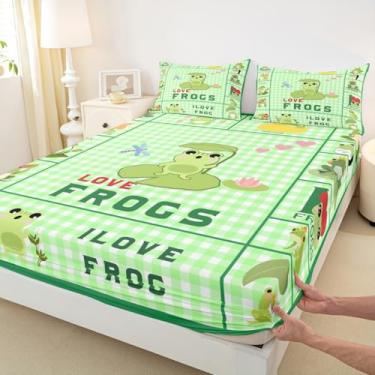 Imagem de Jogo de cama solteiro com desenho de sapo fofo, animais de desenho animado, 2 peças, para decoração de quarto de crianças, meninas, meninos, mulheres, lençol com elástico verde quadriculado de