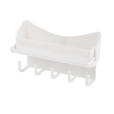 Imagem de Organizador de prateleira de chuveiro, organizador adesivo de parede, suporte de armazenamento de maquiagem de plástico, prateleiras flutuantes cesto suspenso com 5 ganchos para banheiro