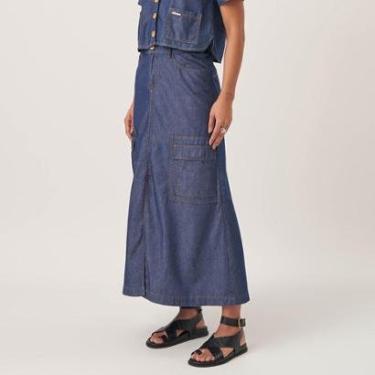 Imagem de Saia Midi Jeans Bolsos Fenda Frontal-Feminino
