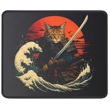 Imagem de Tapete de rato Samurai Gato Vintage Guerreiro Japonês Ukiyo-e com Base de Borracha Antiderrapante para Gamers e Fãs de Anime Presente