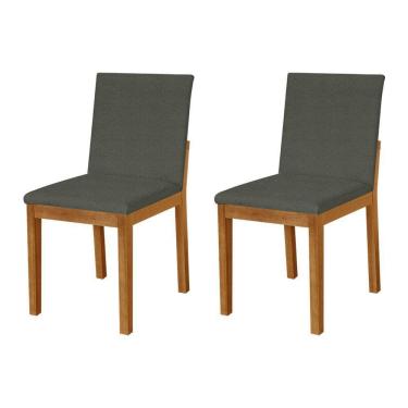 Imagem de Kit 2 Cadeiras De Jantar Luxo Pérola Estofadas Em Linho Chumbo Base Madeira Maciça Mel