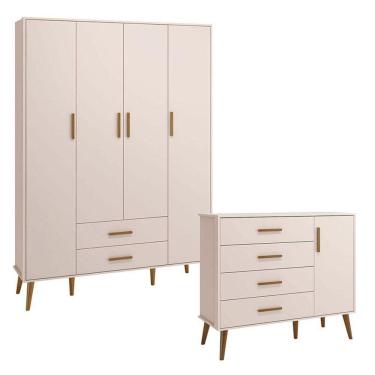 Imagem de Cômoda Com Porta E Guarda Roupa Infantil 4 Portas Isis Rosa Acetinado - Reller