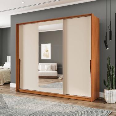 Imagem de Guarda Roupa Roupeiro 3 Portas de Correr 4 Gavetas com Espelho Porto Freijó Creme Politorno Móveis