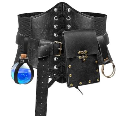 Imagem de SUMGOGO Bolsa de cinto renascentista bolsa de telefone poção garrafa saia caminhada espartilho retrô medieval festival fantasia acessório (preto, M2-cintura/80-96,5 cm)