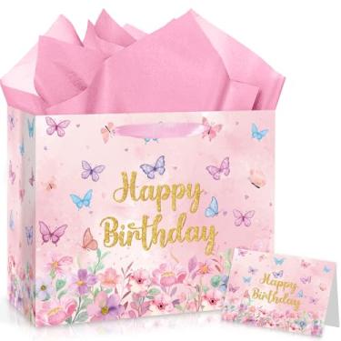 Imagem de Innovoscape Sacos de presente de borboleta, design floral rosa roxo para aniversário, lembrancinhas de festa de chá de bebê com cartão de papel de embrulho