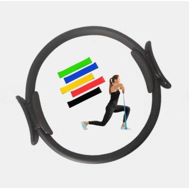 Imagem de Kit Pilates Anel Mágico 38 cm Azul ou Preto e 5 Faixas Elásticas Ideal