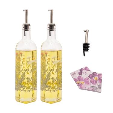 Imagem de Topadorn Conjunto de garrafas dispensadoras de azeite de oliva de 500 ml para cozinha, 2 garrafas dispensadoras de óleo de vidro com despejadores de aço inoxidável, flores verdes