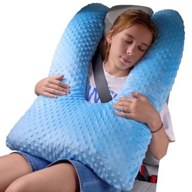 Imagem de Travesseiro de viagem para crianças e adultos, travesseiro para dormir de carro ultra grande em forma de U com capa macia removível, suporte fixo para pescoço e corpo sentado/dormindo na viagem (azul)