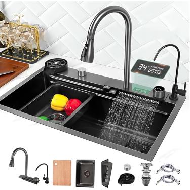 Imagem de Pia De Cozinha Inteligente Com Display De Temperatura Pia De Estação De Trabalho De Aço Inoxidável Com Lavadora De Copos Tigela única Nano-revestida Com Cascatas Duplas, Black-gray-3, 80 cm
