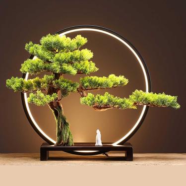 Imagem de Árvore De Bonsai Artificial Com Lâmpada Led, Base De Madeira Maciça, Ornamento De Planta Em Vaso De Pinho De Boas-vindas Realista, Planta Verde De Bonsai De Simulação, F