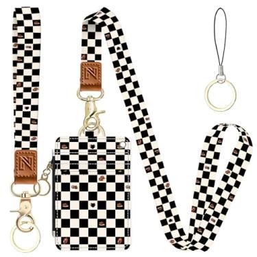 Imagem de Porta-crachá de identificação xadrez preto e branco 2 em 1 e carteira com cordão para professores, enfermeiras, profissionais - linda bolsa de moedas com zíper, alça de pulso removível e cordão de