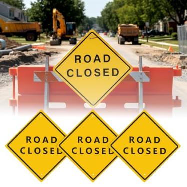 Imagem de Zonon Placa de estrada fechada de alumínio com 3 peças - 61 cm x 61 cm Material laminado refletivo de grau de engenheiro placa de aviso com furos pré-perfurados para canteiros de obras, calçadas e