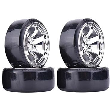Imagem de LAFEINA RC Plastic Wheel and Tire Set, 63mm Hard Tyres for 1/10 Drift Car HSP Tamiya HPI Kyosho On-Road Drifting Car (Silver, 6-Spoke)