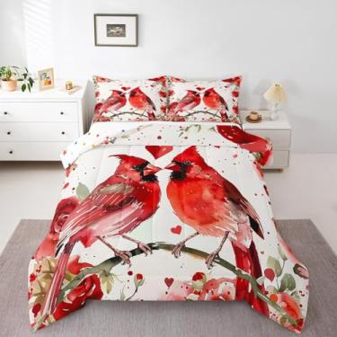 Imagem de Erosebridal Conjunto de edredom Queen, casal cardeal para decoração de quarto de meninas e mulheres, conjunto de cama de flor rosa vermelha romântico, amor, coração, 2 fronhas