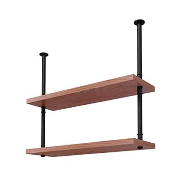 Imagem de Prateleira suspensa para decoração de teto, armário de pendurar em ferro forjado, rack de vinho, prateleira de madeira maciça estilo retrô, prateleira de uma palavra para livros de parede (cor: preto