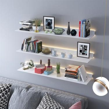 Imagem de Prateleiras flutuantes de metal, prateleira flutuante montada na parede com luz branca de LED embutida para sala de estar, escritório, quarto, banheiro, conjunto de 3 (preto 80 x 20 x 6 cm) (branco