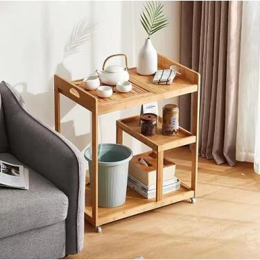 Imagem de Mesa lateral de sofá com bandeja de chá removível/tubo de drenagem, rodas universais móveis, mesa de cabeceira móvel para escritório, sala de estar, quarto