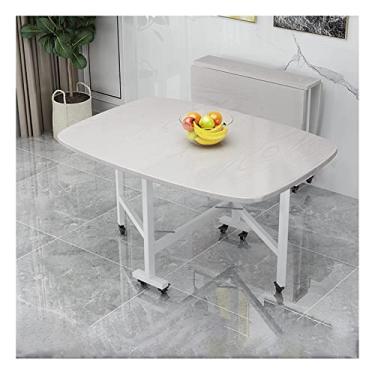 Imagem de Mesa de jantar dobrável de madeira com folha de gota, altura ajustável, design de economia de espaço, estação de trabalho portátil com rodas borda redonda branca