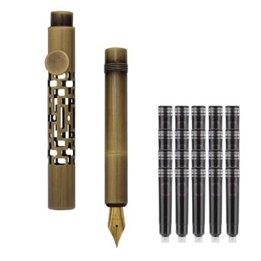Imagem de SIPLIV Caneta-tinteiro de bronze, minicaneta-tinteiro para viagem, bolso curto, com 20 cartuchos de tinta preta - vazada, ponta fina de irídio (0,50 mm)