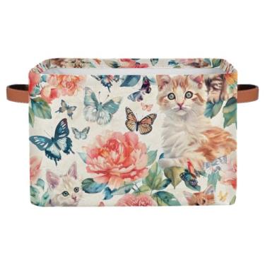 Imagem de Cestas de armazenamento pequenas, flores, gato, borboleta, retrô, com alças, caixas de armazenamento de brinquedos, organizador de tecido dobrável para berçário, sala de estar, quarto, prateleiras
