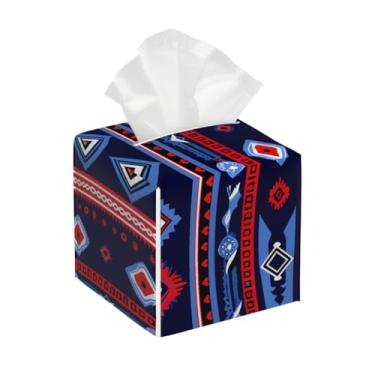 Imagem de Porta-lenços de papel quadrado de couro à prova d'água étnico asteca retrô facial organizador de papel com cinto inferior cubo estojo de lenços para mesa, banheiro, escritório, mesa, carro, decorativo