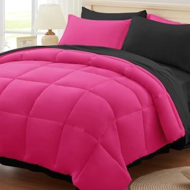 Imagem de Anluoer Conjunto de edredom King, rosa choque e preto, 7 peças, leve com enchimento alternativo macio, conjunto de cama inclui edredom, lençol de cima, fronhas e fronhas