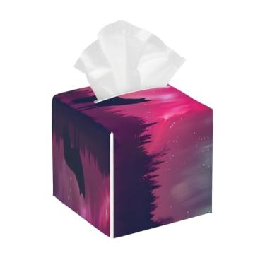 Imagem de Caixa de lenços de couro quadrada à prova d'água animal lobo floresta galáxia organizador de papel facial com cinto inferior cubo estojo de tecido para mesa, banheiro, escritório, mesa, carro