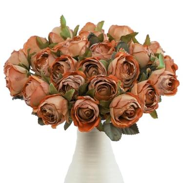 Imagem de LEUCHTAMOR 12 peças de rosas artificiais vintage queimadas laranja seda rosa flor buquês de noiva para casamento DIY chá de panela, arranjos florais mesas de festa, decorações de casa