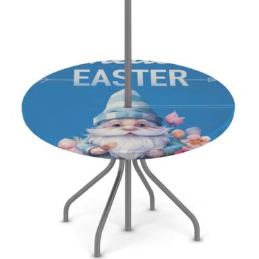 Imagem de hongjinglin Toalha de mesa de Páscoa para uso ao ar livre com orifício para guarda-chuva, toalha de mesa redonda elástica com zíper, impermeável, limpável, para piquenique, festa, pátio, serve para