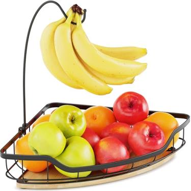 Imagem de CACHOLIV Suporte de frutas para bancada de cozinha com gancho de banana, cesta de legumes com base de bambu para armazenamento de canto de cozinha, preto
