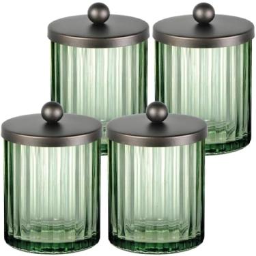 Imagem de Amolliar Pote de boticário de vidro verde sálvia com tampa de metal e adesivos, dispensador de suporte de pontas de banheiro para cotonetes, bolas, almofadas redondas, sal de banho, fio dental