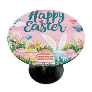 Imagem de hongjinglin Toalha de mesa redonda com borda elástica de Páscoa, toalha de mesa redonda limpável para ambientes internos e externos, pátio, jantar, cozinha, festival, decoração para mesas de 101 a 111