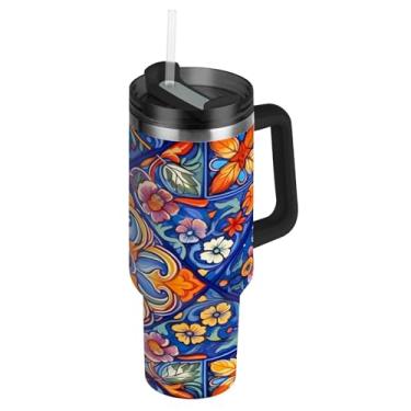 Imagem de Blueangle Copo de cerâmica mexicano de 850 g com alça e tampa de palha, caneca de viagem de aço inoxidável isolada a vácuo de parede dupla, garrafa de água reutilizável para academia de escritório ao
