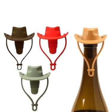 Imagem de 4 peças de rolhas de silicone para vinho, chapéu de cowboy, seladora de garrafa de vinho, mantém fresco por 15 dias, decoração de casa e presentes para o vencedor (vermelho + café + marrom claro +