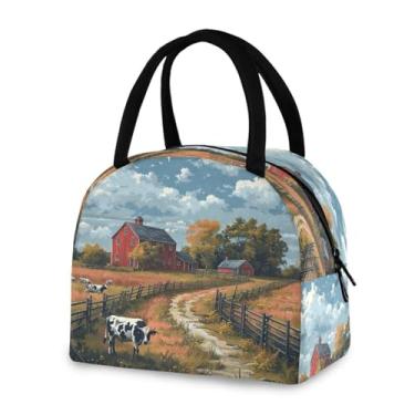 Imagem de Blueangle Lancheira isolada à prova de vazamento – Bolsa de almoço reutilizável com design de cena de fazenda com vacas, recipiente compacto para alimentos para escritório, viagens e atividades ao ar